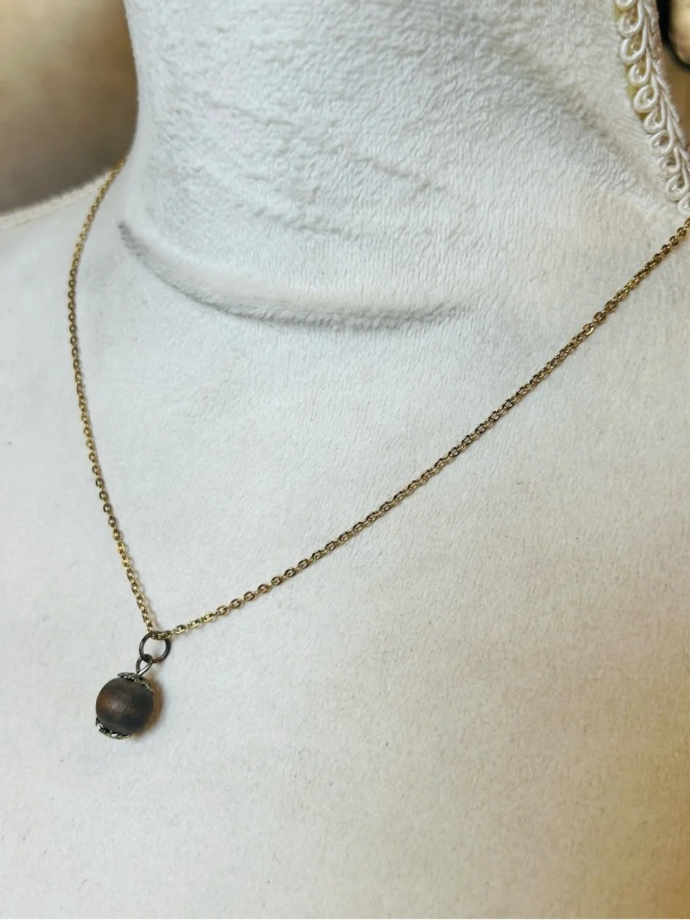 Handcrafted vintage wood bead pendant on chain necklace